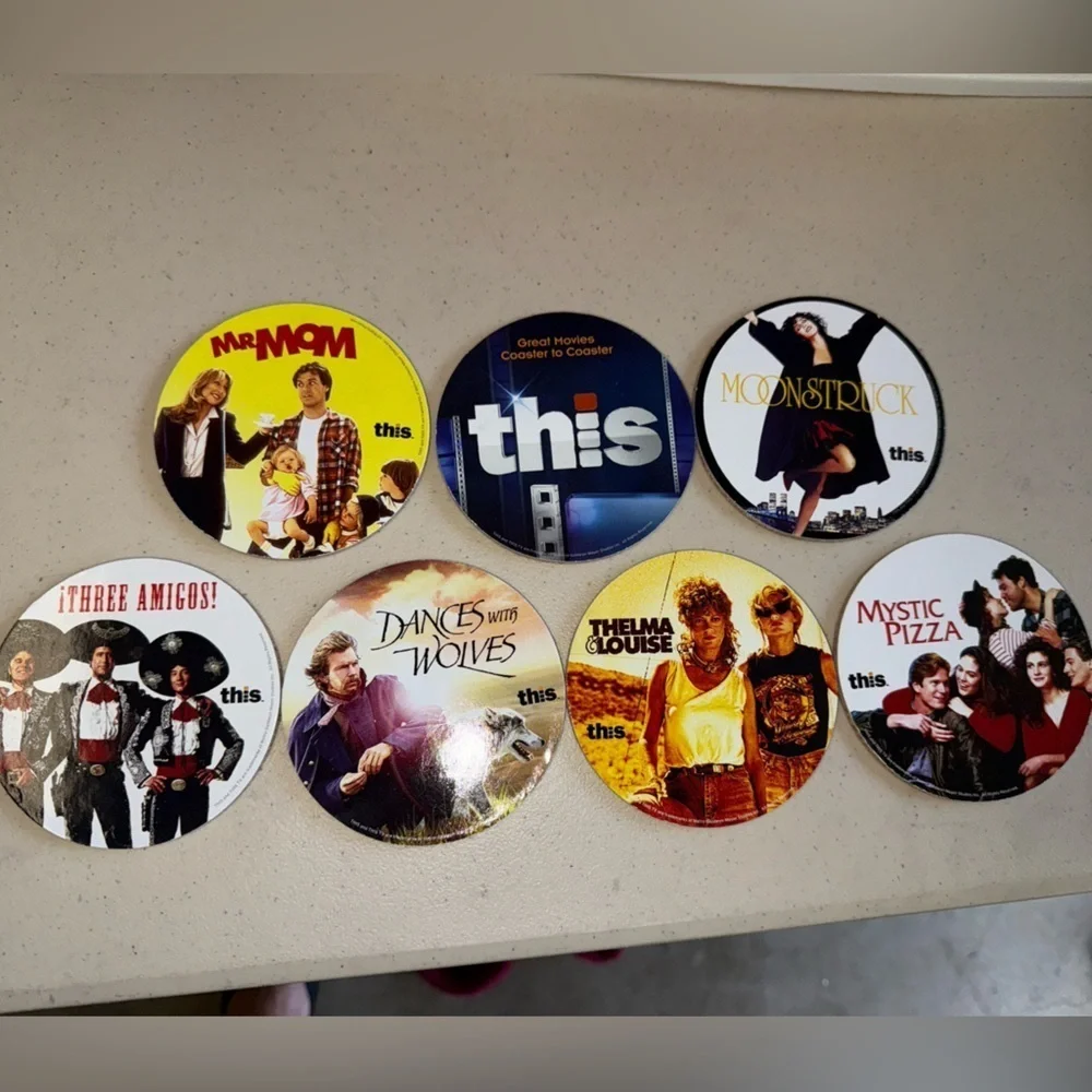 Vintage Movie Coaster Set Mr.Mom dances with wolves, Thelma and Louise